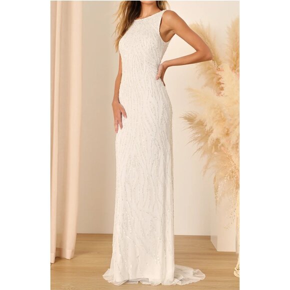 Lulus Glamourous Ever After White Sequin Beaded Backless Maxi Wedding Dress Sz S - Picture 2 of 16